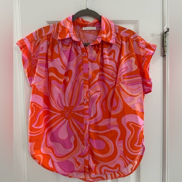 Karlie Women’s 70's Floral Button Cap Sleeve Blouse Large Pink Purple Orange - Picture 2 of 8